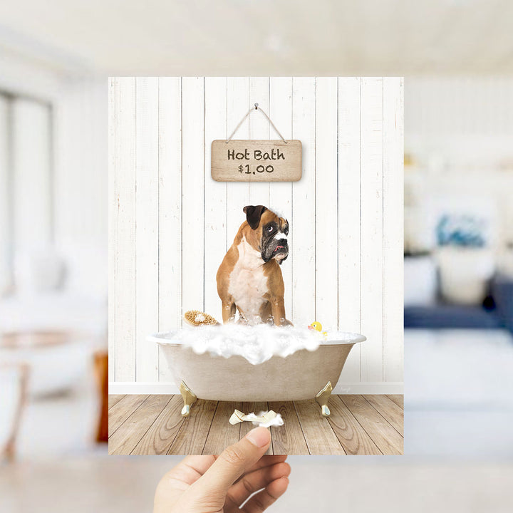 A brown and white dog sitting in a bathtub filled with bubbles, with a sign above the tub that reads "Hot Bath $1.00".