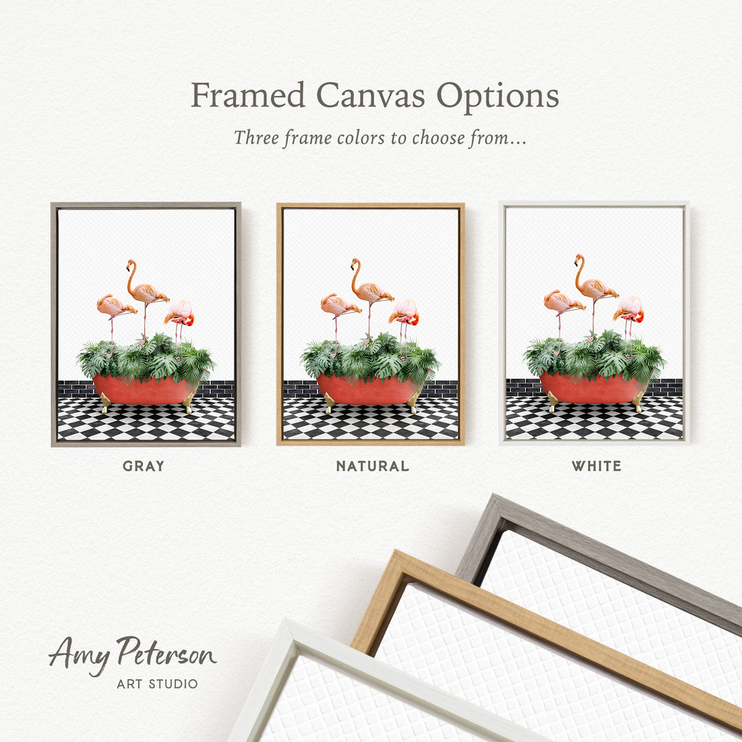 three framed canvas options, each featuring a different color and frame style. The options include a gray frame, a natural frame, and a white frame. The text above the options reads " Framed Canvas Options" and "Three frame colors to choose from...". The text below the options reads "GRY", "NATURAL", and "WHITE". The artist's name, " Amy Peterson ART STUDIO", is also included in the image.