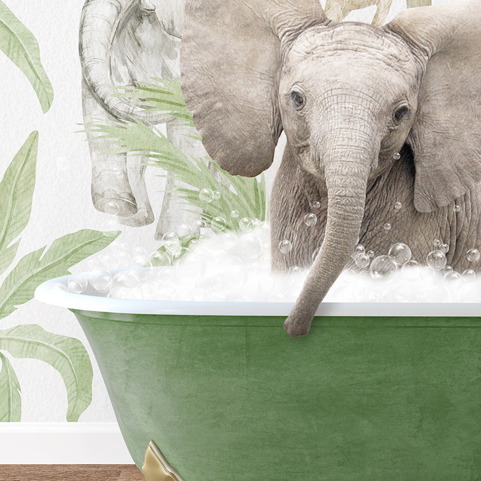 an elephant in a bathtub with a wallpaper behind it