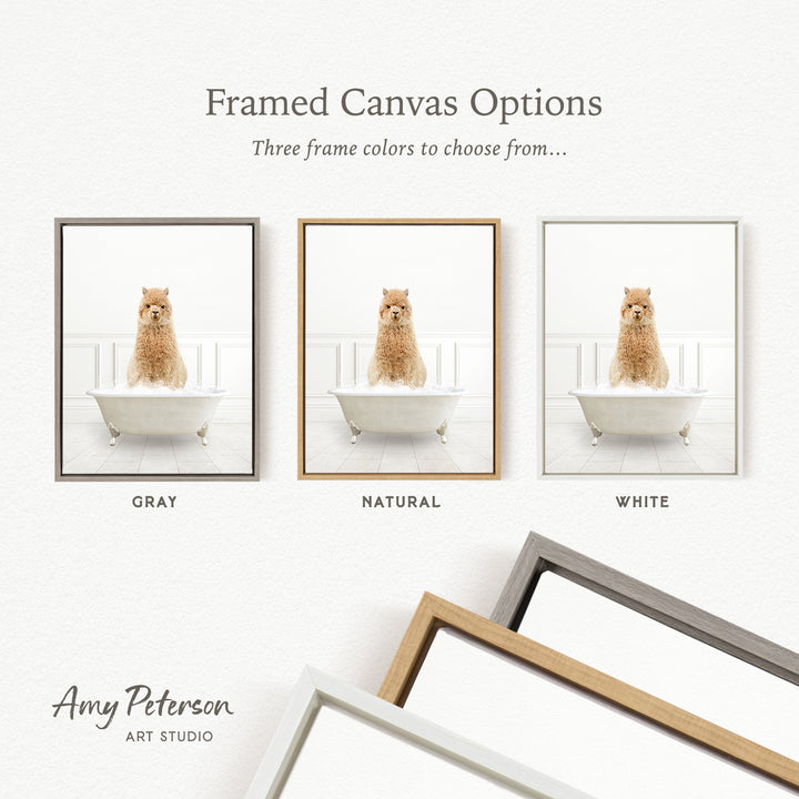 three framed canvas options, each featuring a brown dog sitting in a bathtub. The options include a gray frame, a natural frame, and a white frame.