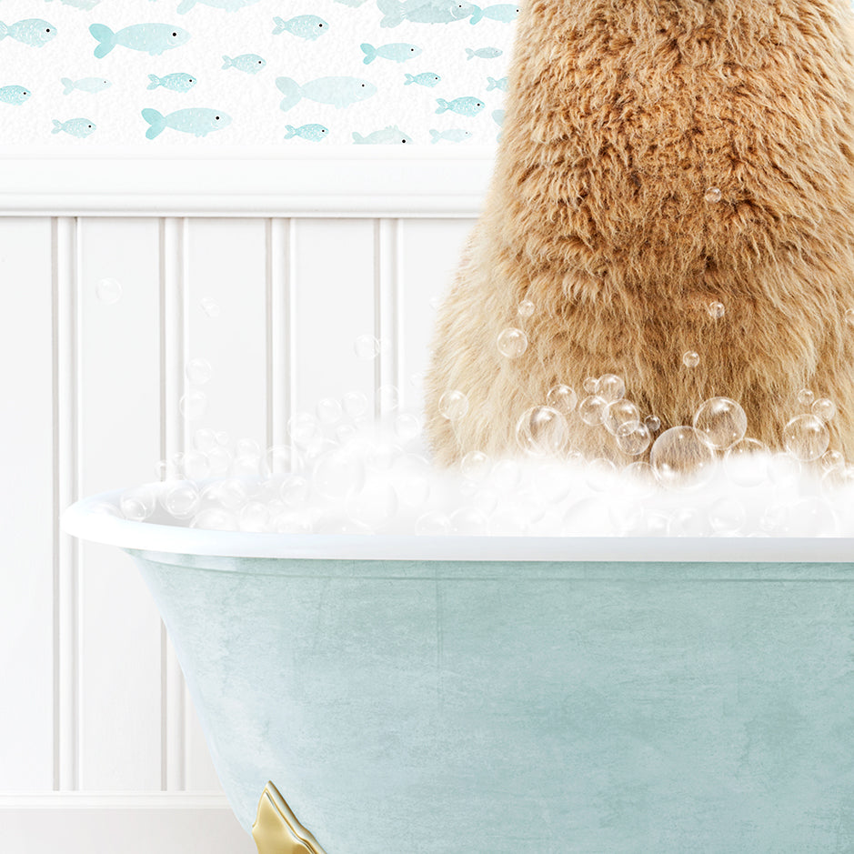 a brown bear sitting in a bathtub filled with bubbles