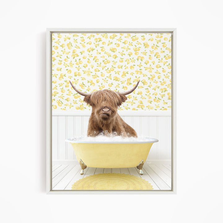 A brown cow with long horns is sitting in a yellow bathtub filled with water, surrounded by a yellow floral wallpaper.