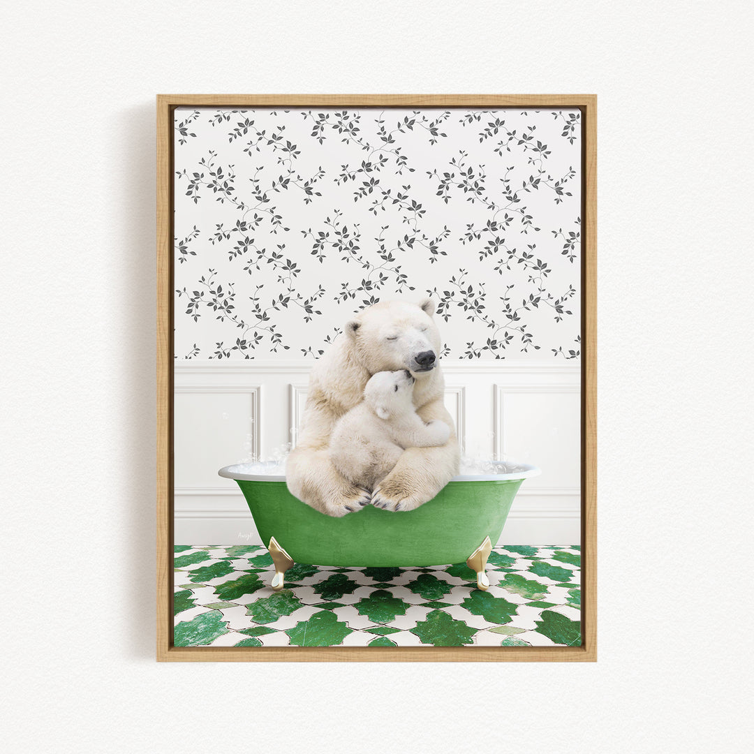 A polar bear is sitting in a green bathtub, surrounded by a patterned green and white floor.