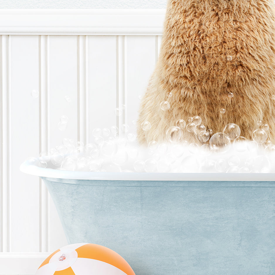 a brown bear sitting in a bathtub filled with bubbles