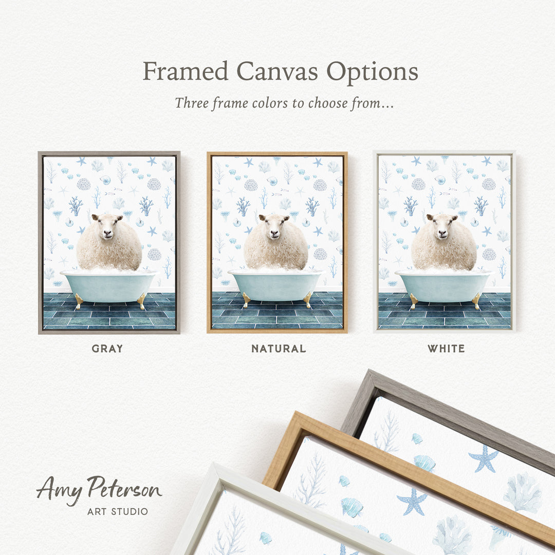 three framed canvas options featuring a sheep in a bathtub, with each option having a different frame color: gray, natural, and white.