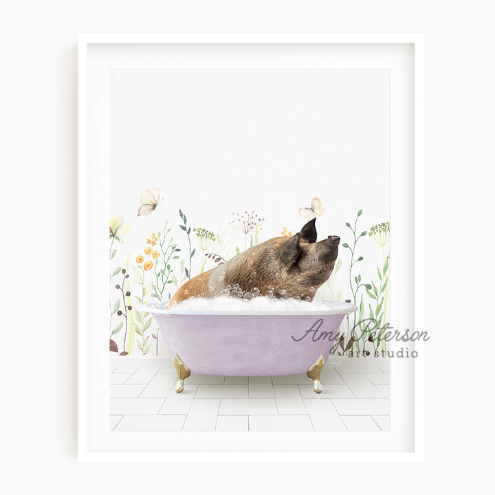 a dog taking a bath in a pink bathtub