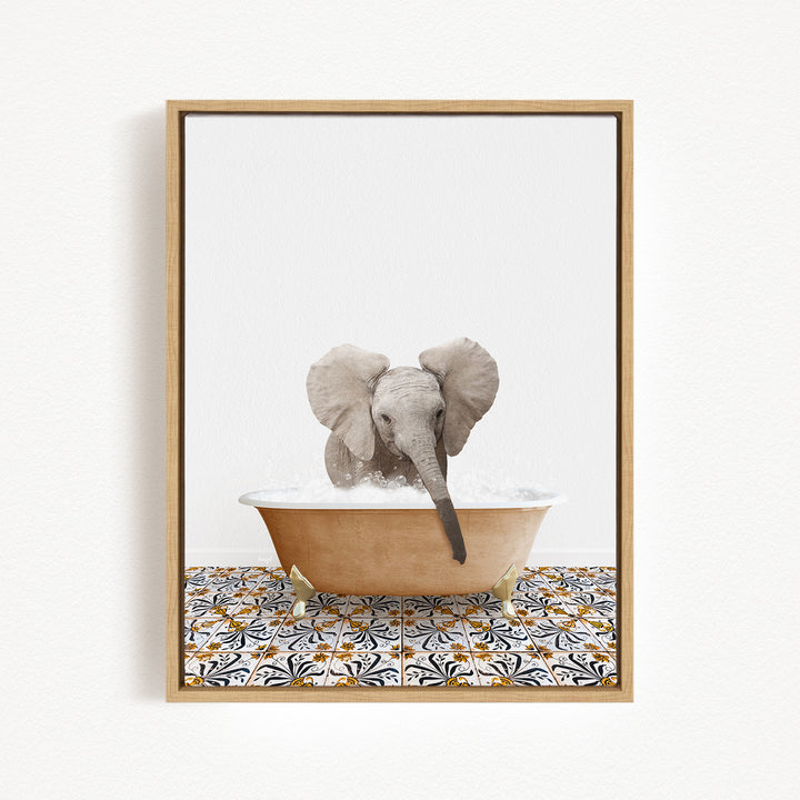 A gray elephant is sitting in a bathtub filled with water, surrounded by a patterned tile floor.
