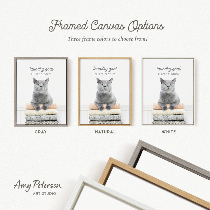 The image is a framed canvas with three different color options for a laundry goal poster, including gray, natural, and white.