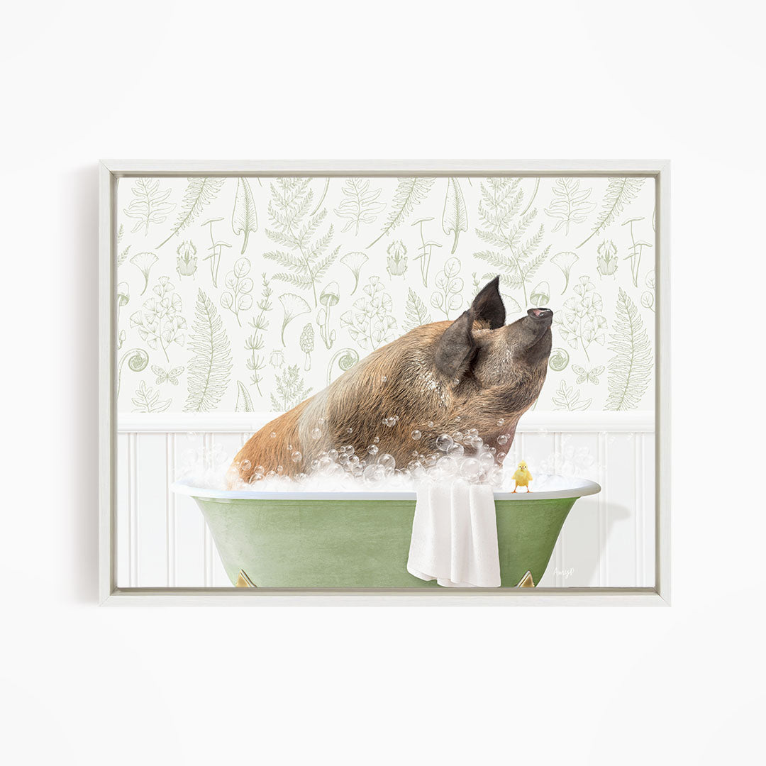 A pig sitting in a green bathtub, surrounded by bubbles, with a yellow bird perched on the edge of the tub.