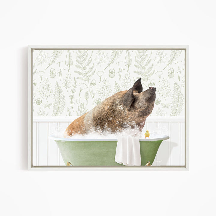 A pig sitting in a green bathtub, surrounded by bubbles, with a yellow bird perched on the edge of the tub.