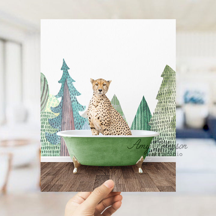 a hand holding up a card with a cheetah sitting in a bathtub