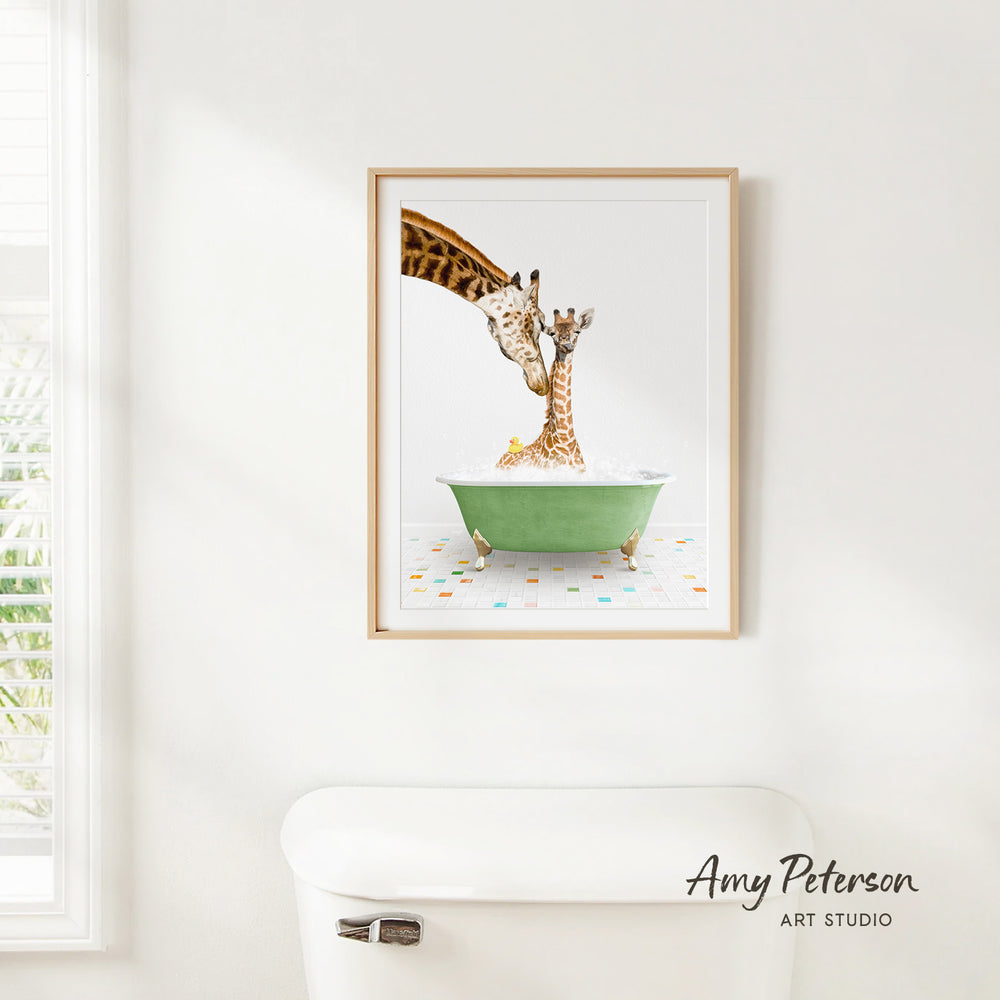 A framed painting of two giraffes in a green bathtub, with one giraffe appearing to be bathing the other.