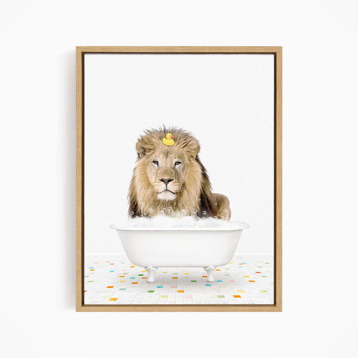 A lion is sitting in a white bathtub filled with bubbles, with a rubber duck floating on top of its head.