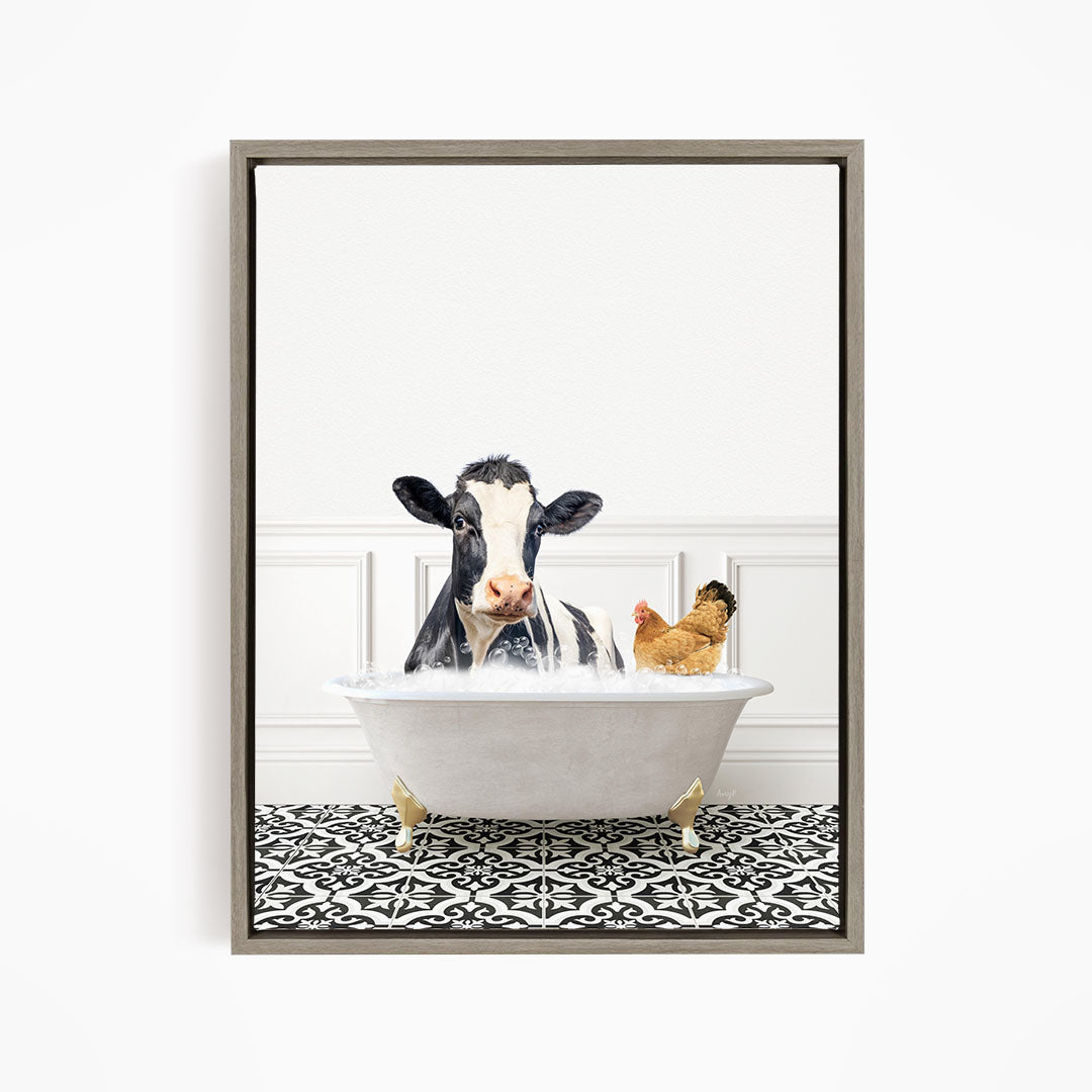 A black and white cow is sitting in a white bathtub, with a chicken standing nearby, in a white-walled room with a black and white patterned floor.