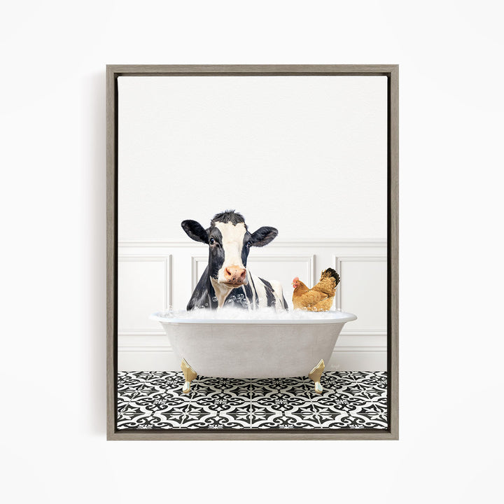 A black and white cow is sitting in a white bathtub, with a chicken standing nearby, in a white-walled room with a black and white patterned floor.