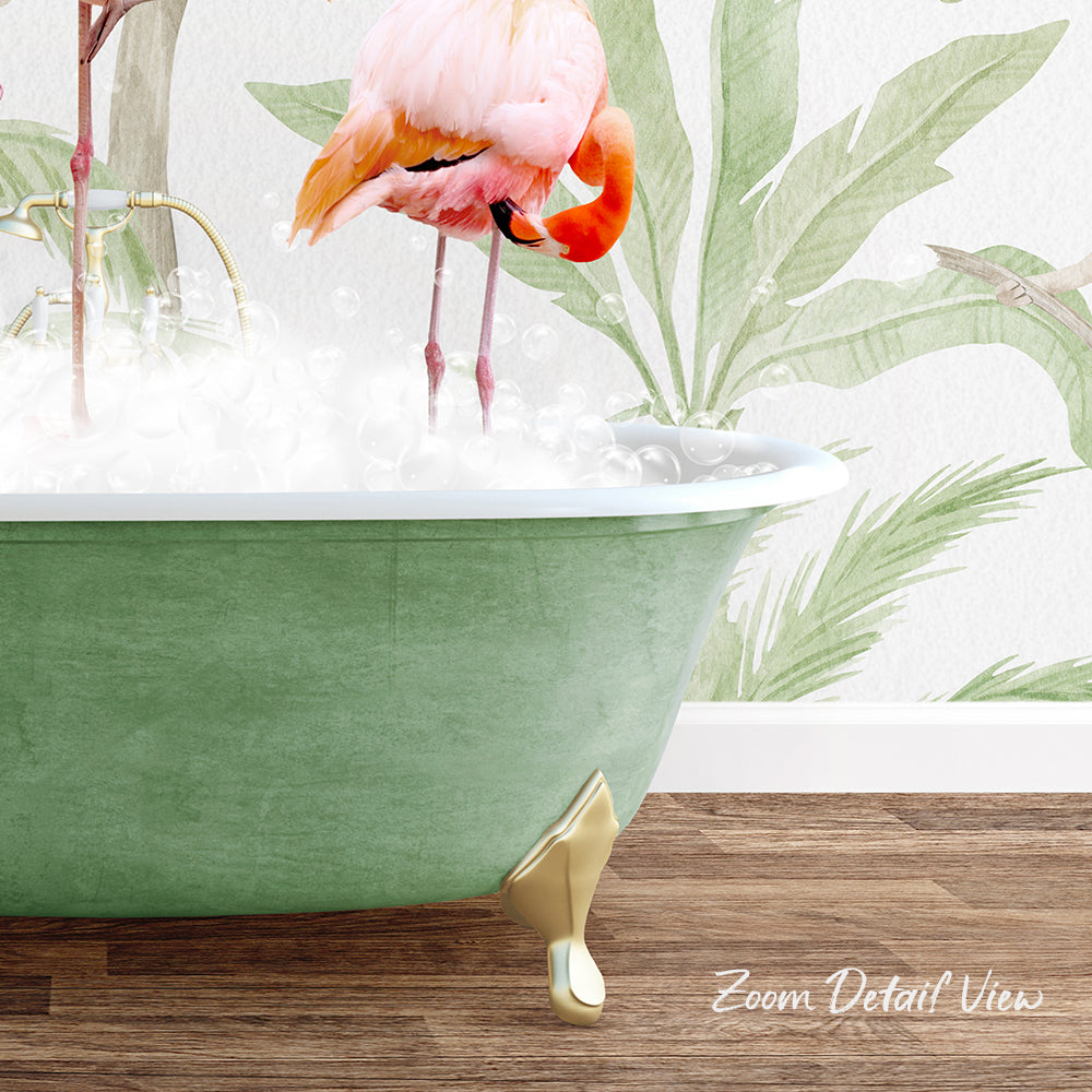 A pink flamingo standing in a green bathtub filled with bubbles, with a tropical plant wall behind it.