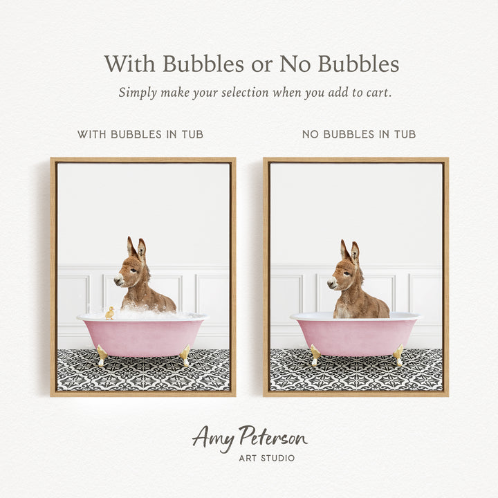 The image is a collage of two pictures, each featuring a donkey in a bathtub. The donkey in the pink tub has bubbles, while the donkey in the tub without bubbles is depicted in a plain white tub. The collage is titled "With Bubbles or No Bubbles" and is created by Amy Peterson from Art Studio.