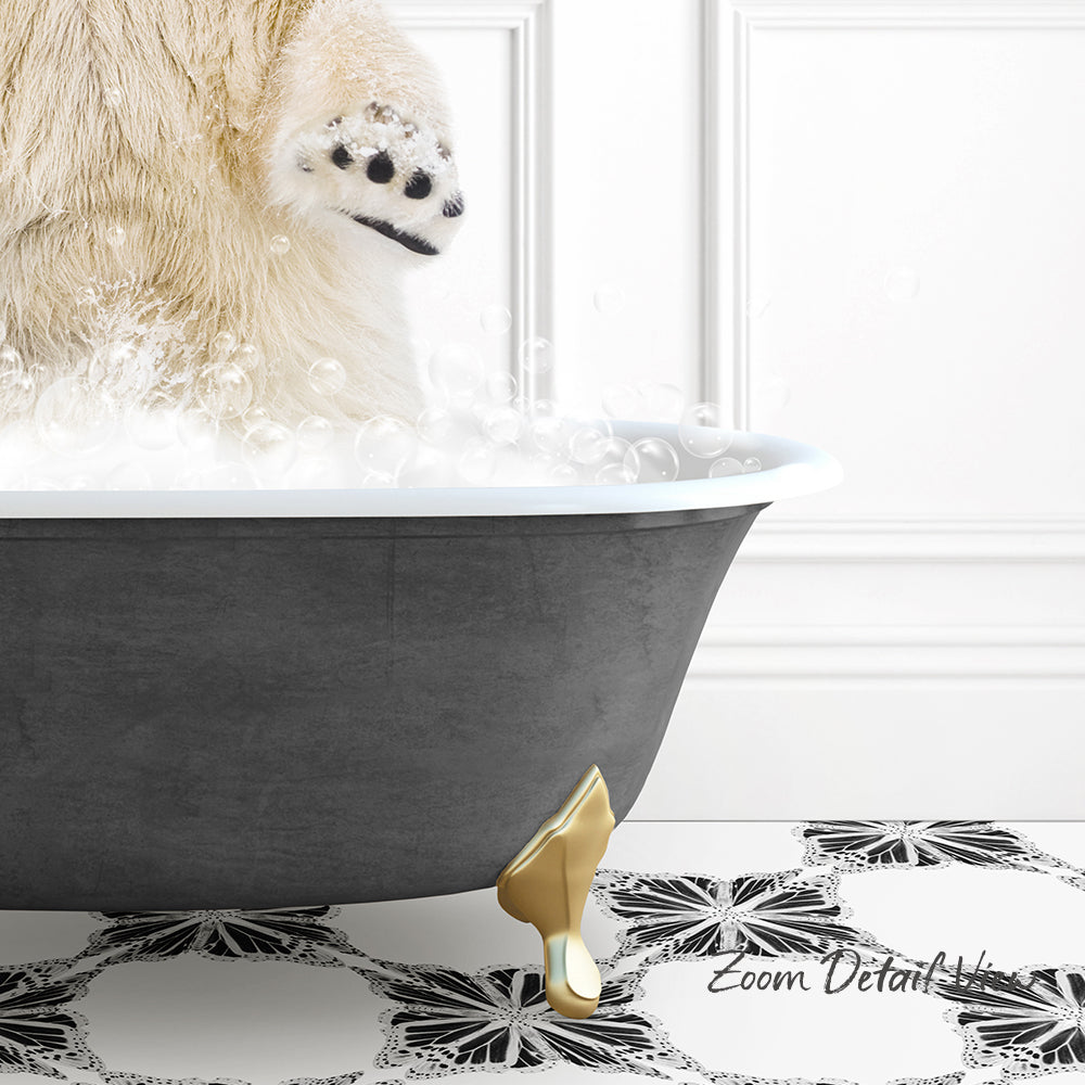 A polar bear is standing in a bathtub filled with bubbles, with its paw raised in the air.