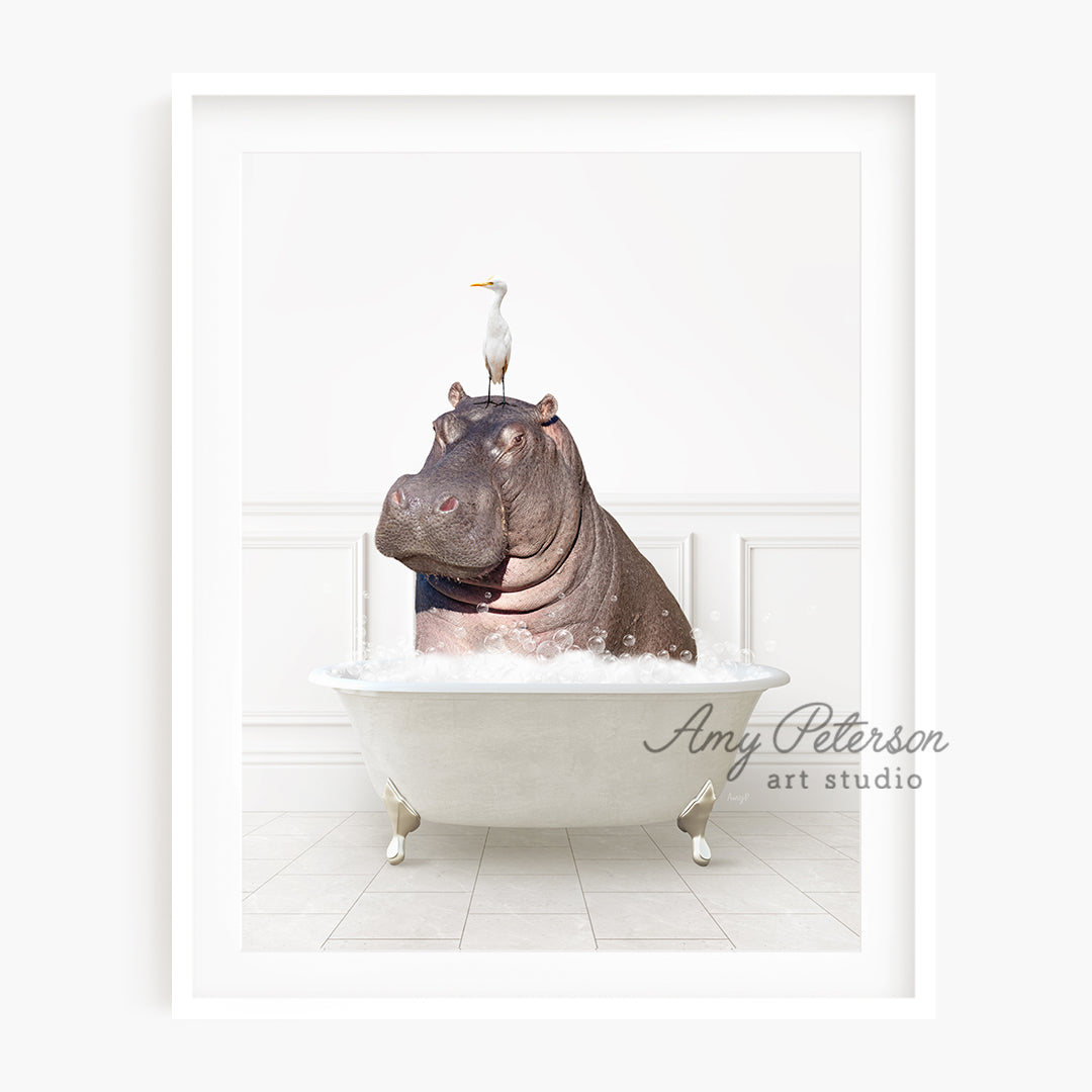 a hippo in a bathtub with a bird on top of it