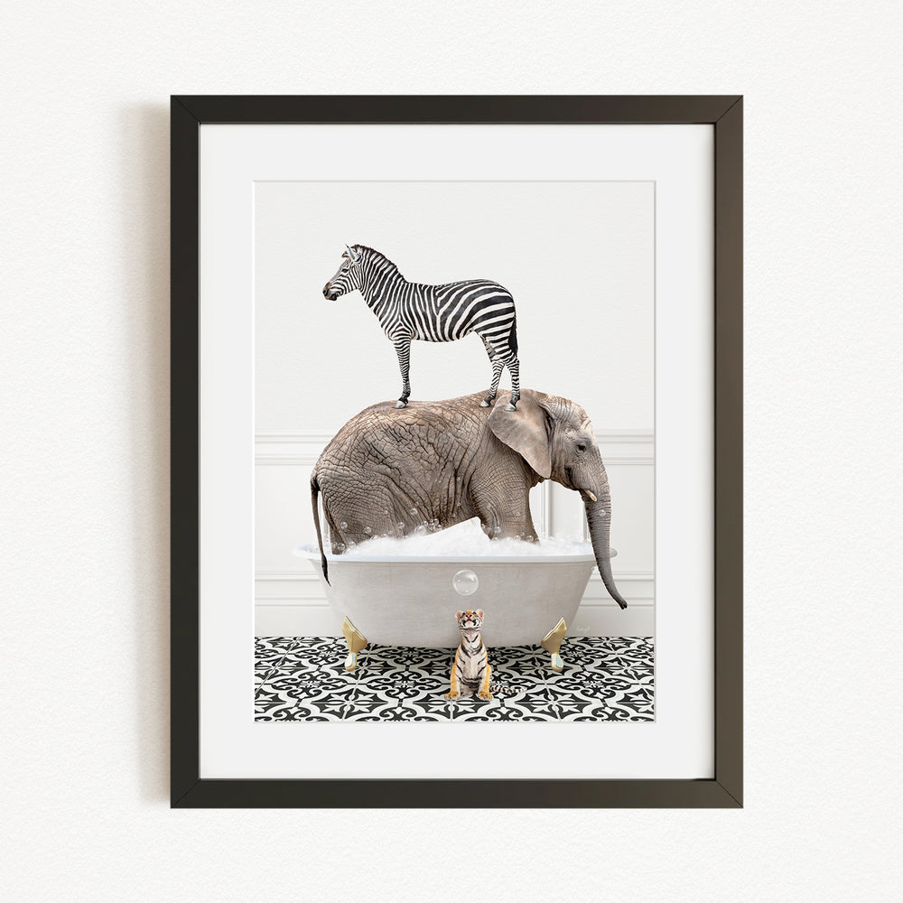 A zebra standing on the back of an elephant, with a small tiger sitting in a bathtub in the foreground.