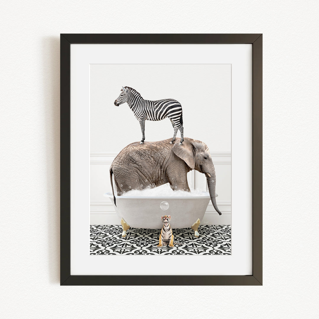 A zebra standing on the back of an elephant, with a small tiger sitting in a bathtub in the foreground.