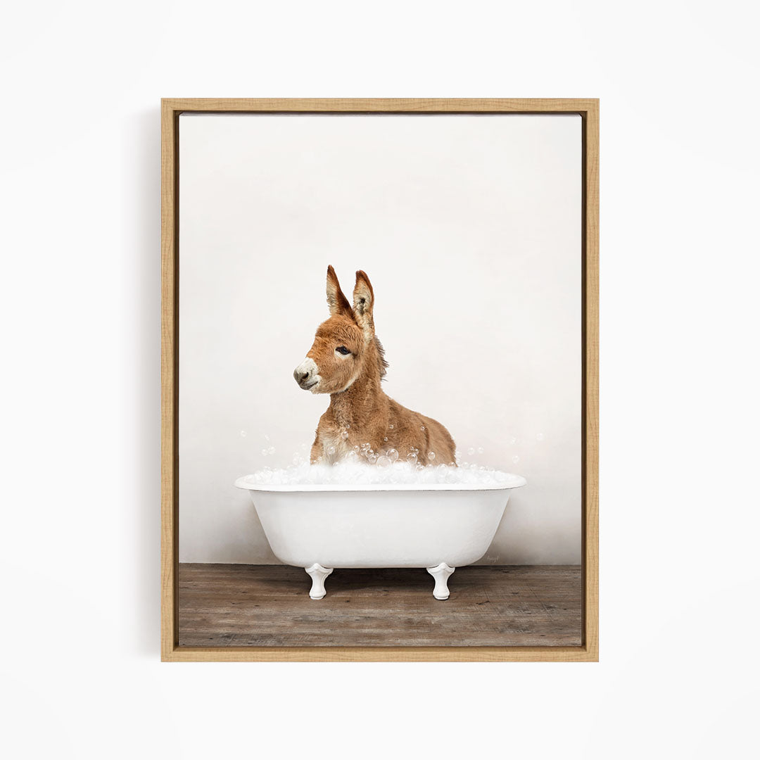 A donkey is sitting in a white bathtub filled with bubbles, looking directly at the camera.