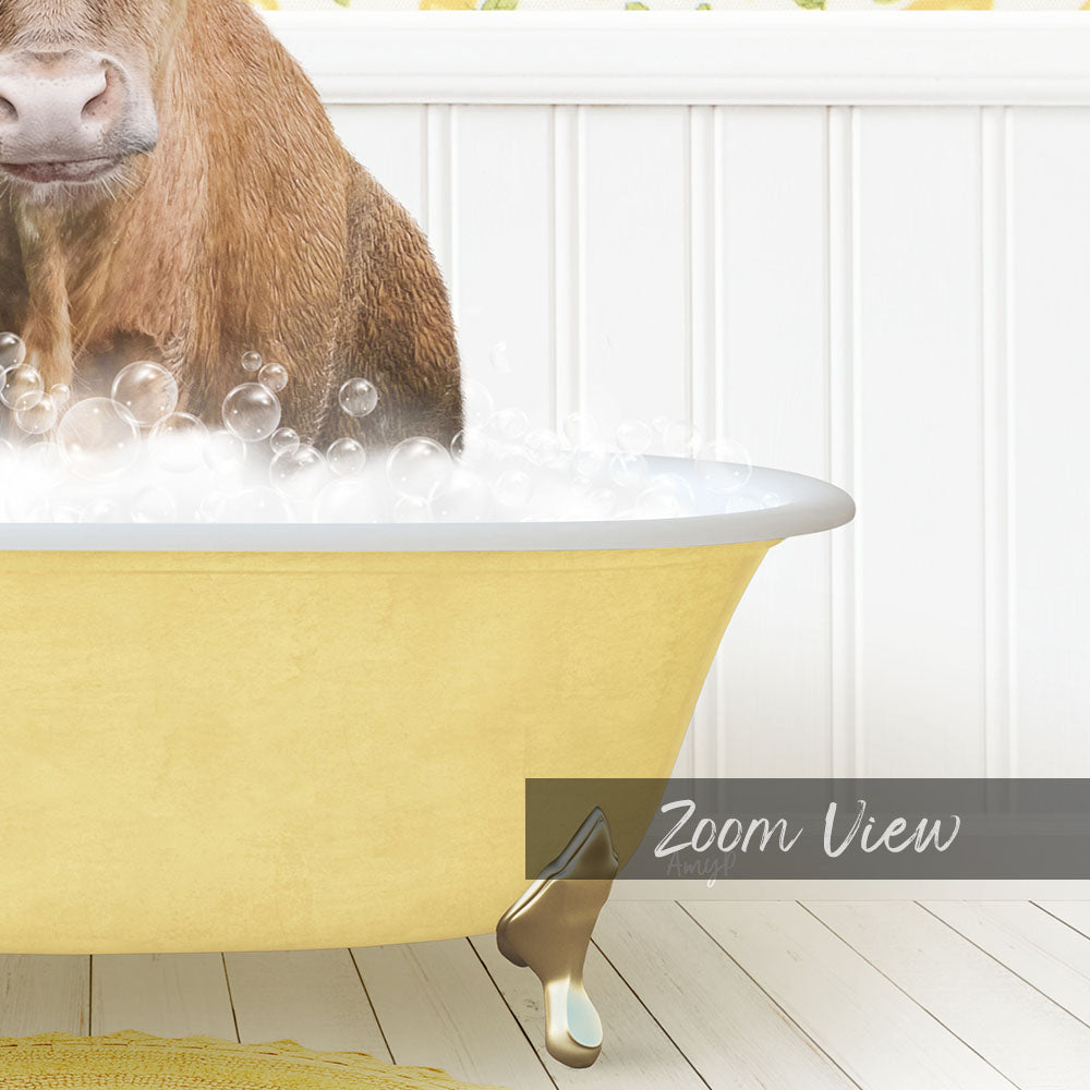 A brown cow is sitting in a yellow bathtub filled with bubbles, creating a whimsical and playful scene.
