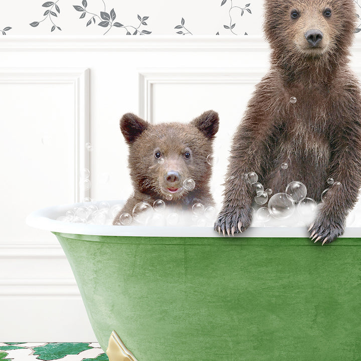 two brown bears are sitting in a bathtub