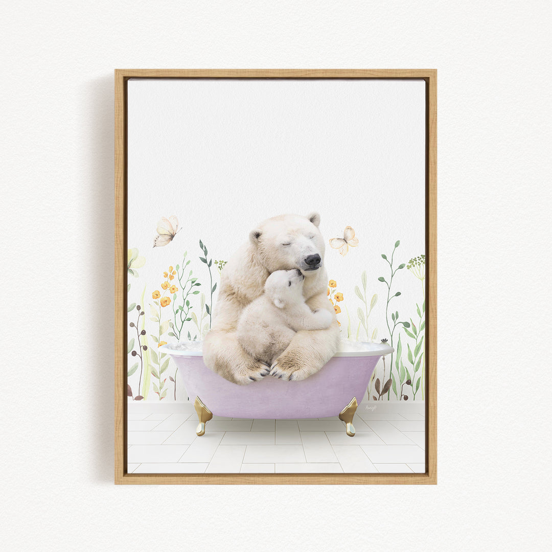 A polar bear is sitting in a bathtub filled with flowers, surrounded by butterflies and greenery.
