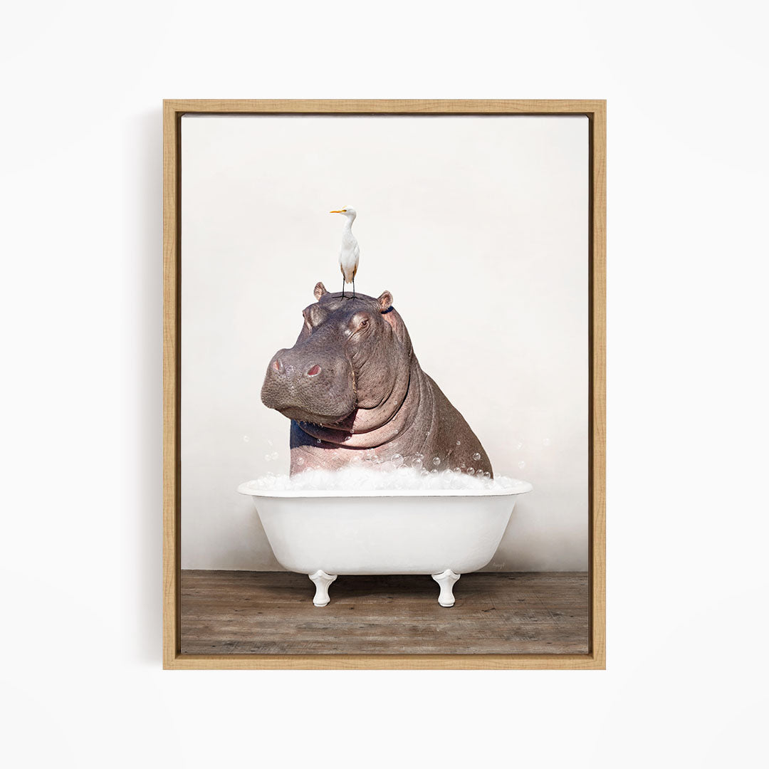 A hippopotamus sitting in a bathtub, with a seagull perched on its head.