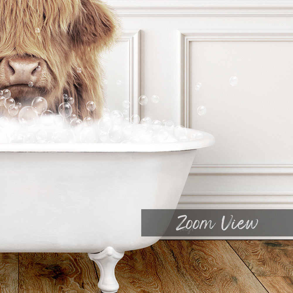 A cow with long hair is sitting in a white bathtub filled with bubbles, creating a whimsical and playful scene.