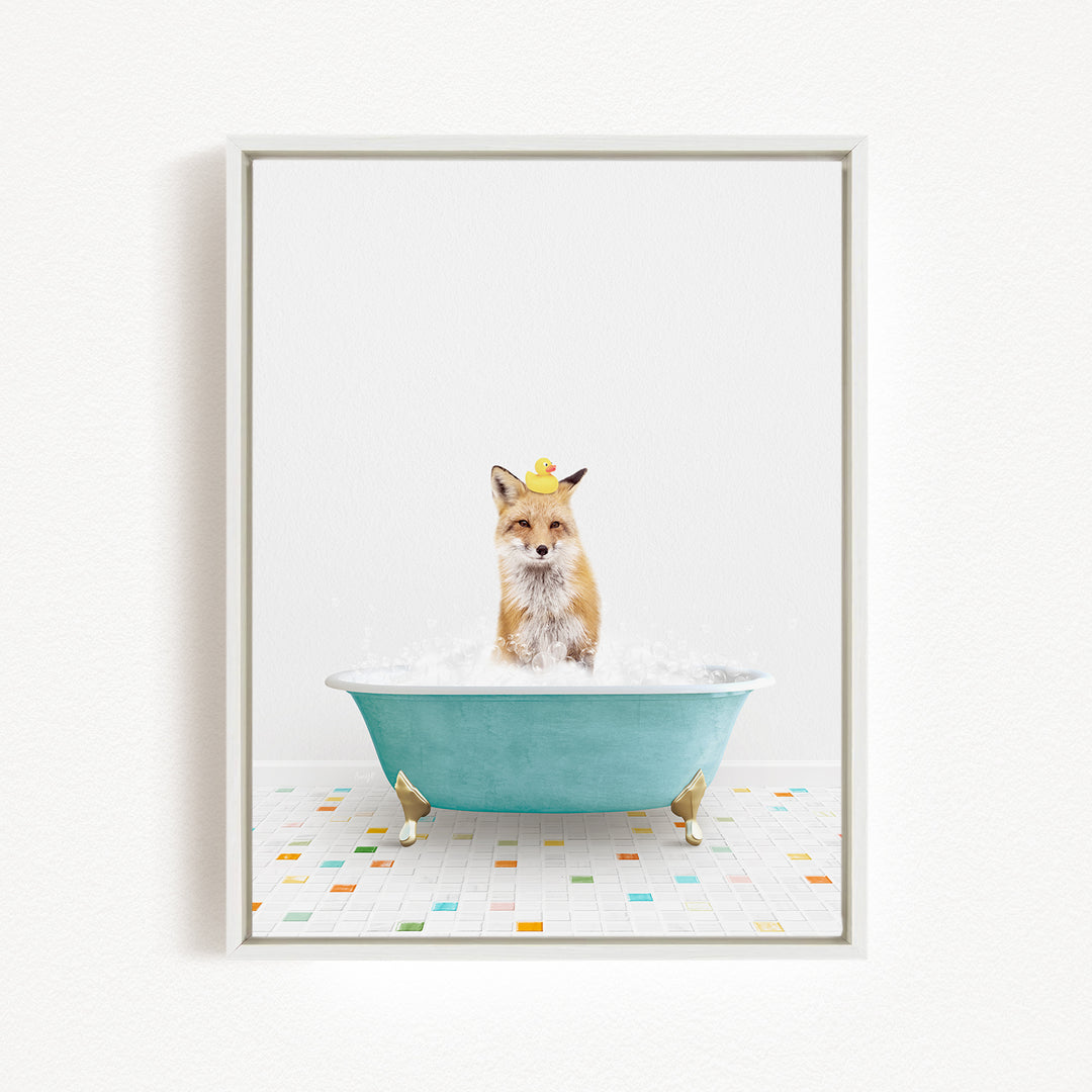 A fox is sitting in a blue bathtub filled with water, surrounded by colorful tiles on the floor.