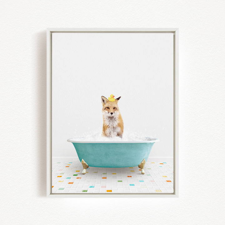 A fox is sitting in a blue bathtub filled with water, surrounded by colorful tiles on the floor.
