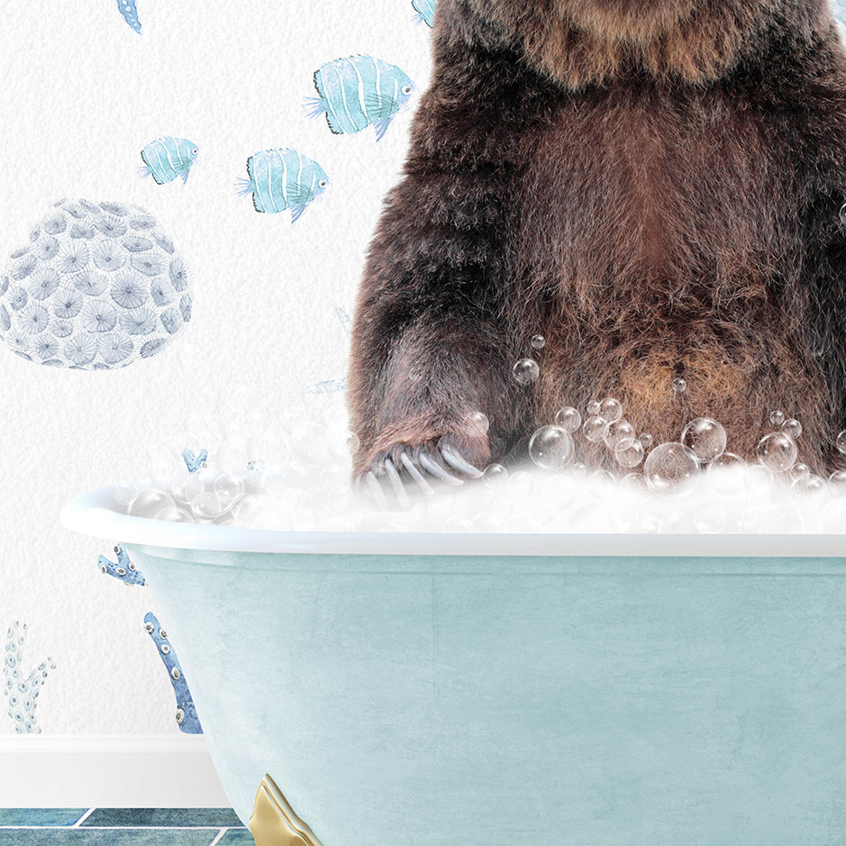 a large brown bear sitting in a bath tub