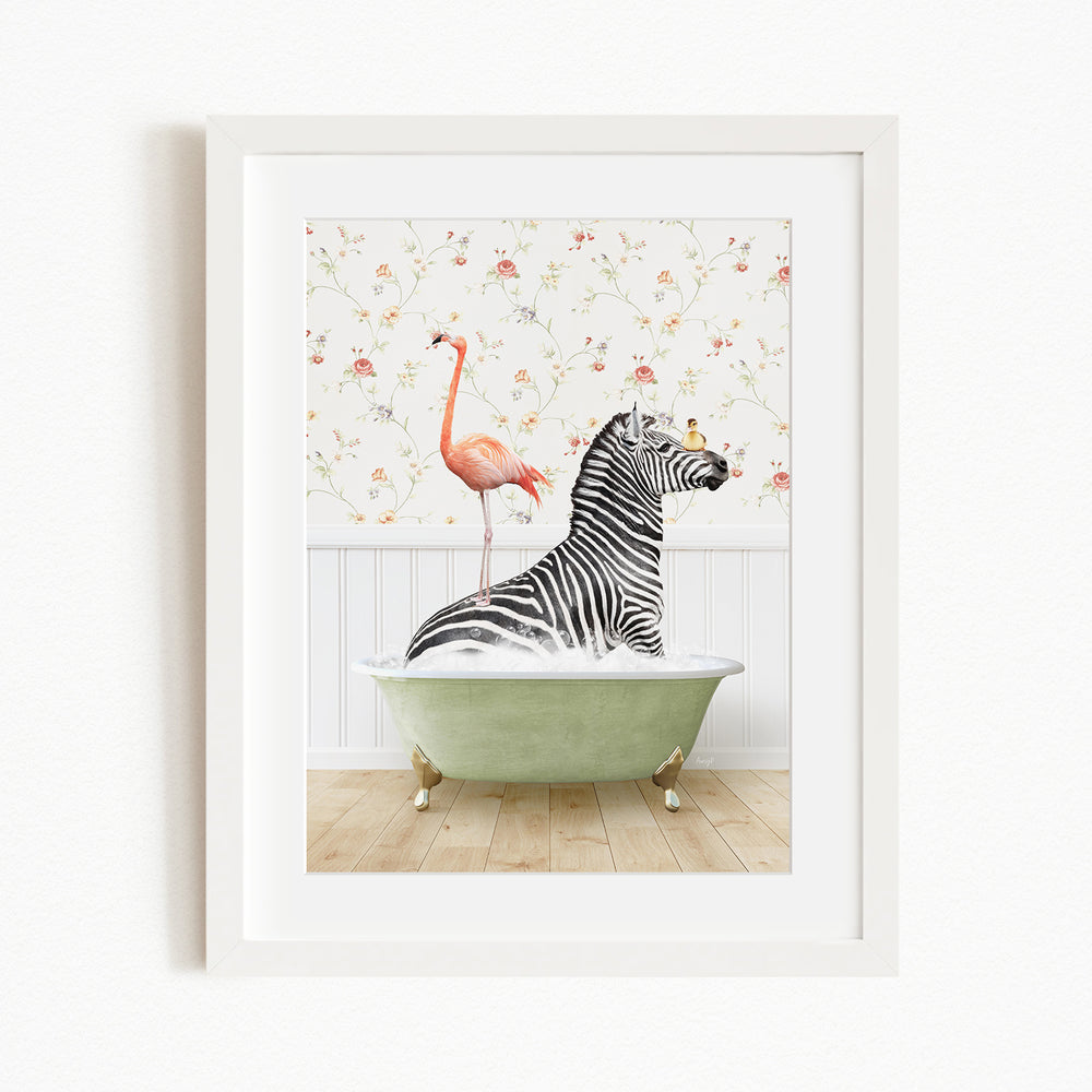 A zebra is sitting in a green bathtub, with a pink flamingo standing on its back and a bird perched on its head.
