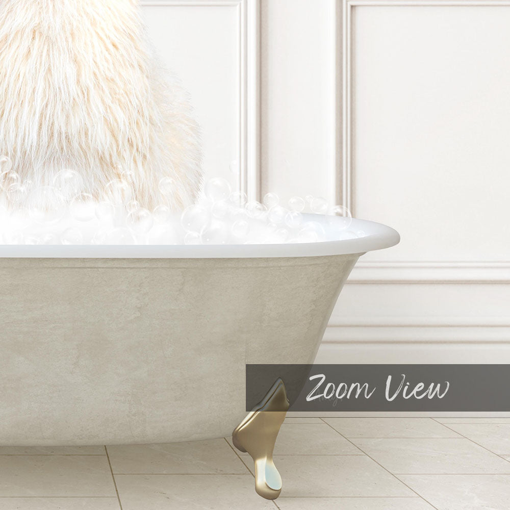A fluffy white dog is sitting in a bathtub filled with bubbles, creating a cozy and relaxing scene.