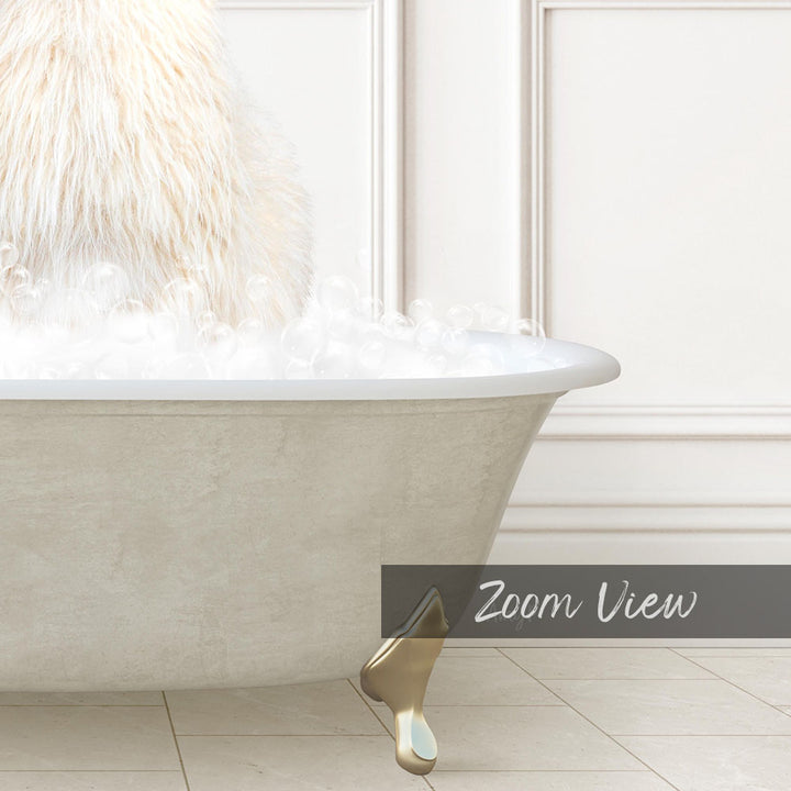 A fluffy white dog is sitting in a bathtub filled with bubbles, creating a cozy and relaxing scene.