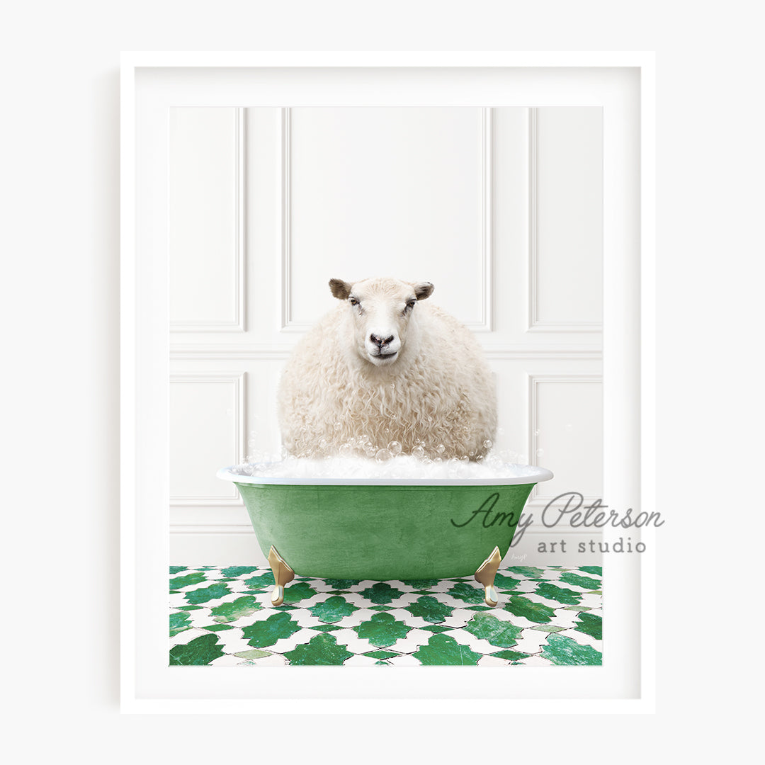 a sheep sitting in a green bath tub