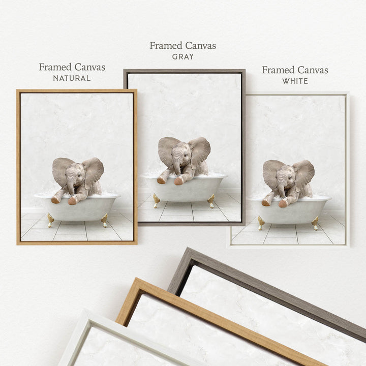 three framed pictures of elephants sitting in bathtubs, each with a different color frame.