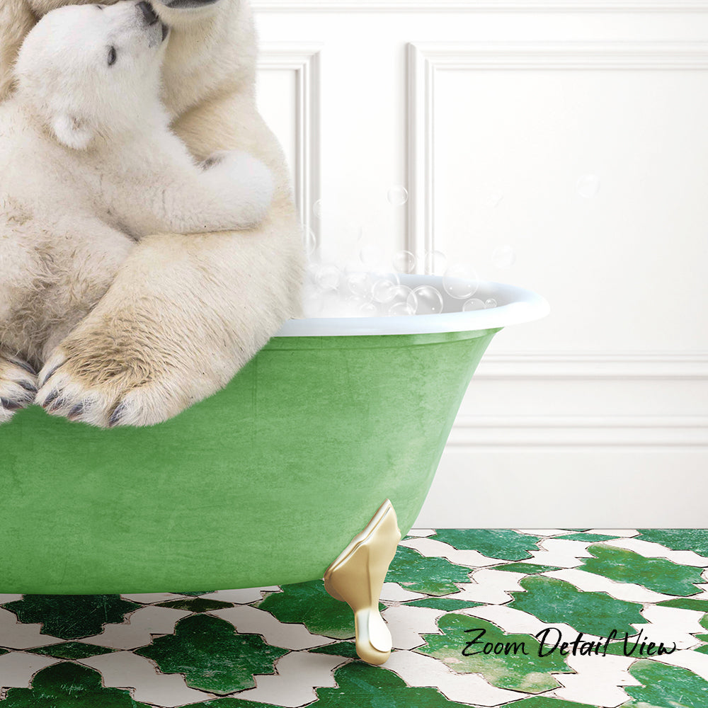 A polar bear is sitting in a green bathtub, with bubbles forming around it, creating a playful and whimsical scene.