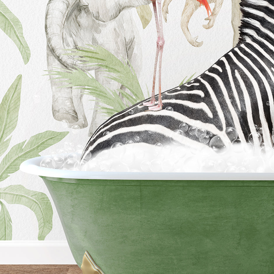 a zebra in a bathtub with a wallpaper behind it