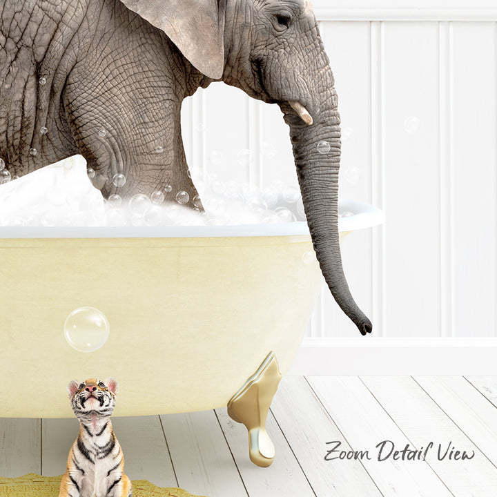 An elephant is taking a bath in a tub, while a tiger stands nearby, observing the scene.