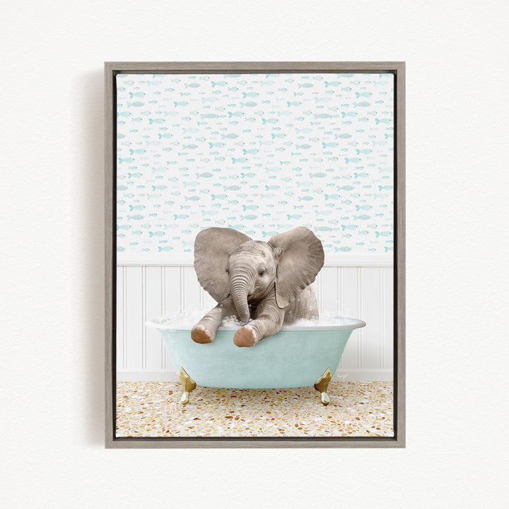 A baby elephant sitting in a bathtub filled with water, surrounded by a pattern of small fish.