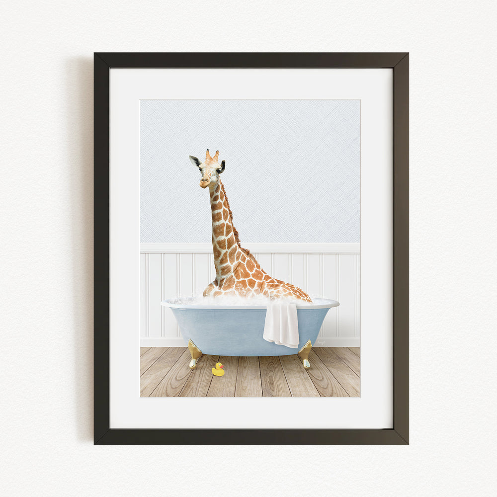 A giraffe sitting in a blue bathtub filled with water, surrounded by yellow rubber duckies.