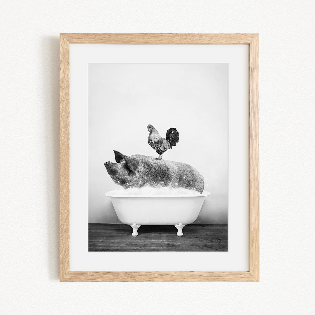 A rooster stands on a pig's back in a bathtub, creating a whimsical and humorous scene.