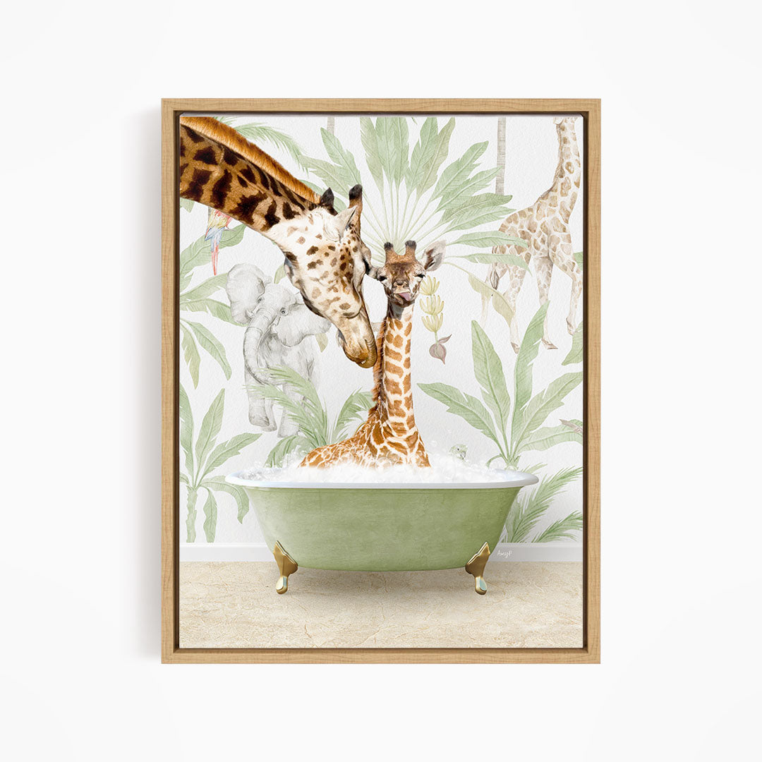 A giraffe is sitting in a green bathtub, surrounded by other giraffes and lush green foliage, creating a whimsical and playful scene.