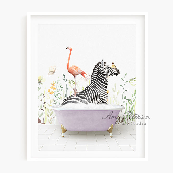 a picture of a zebra and a flamingo in a bathtub