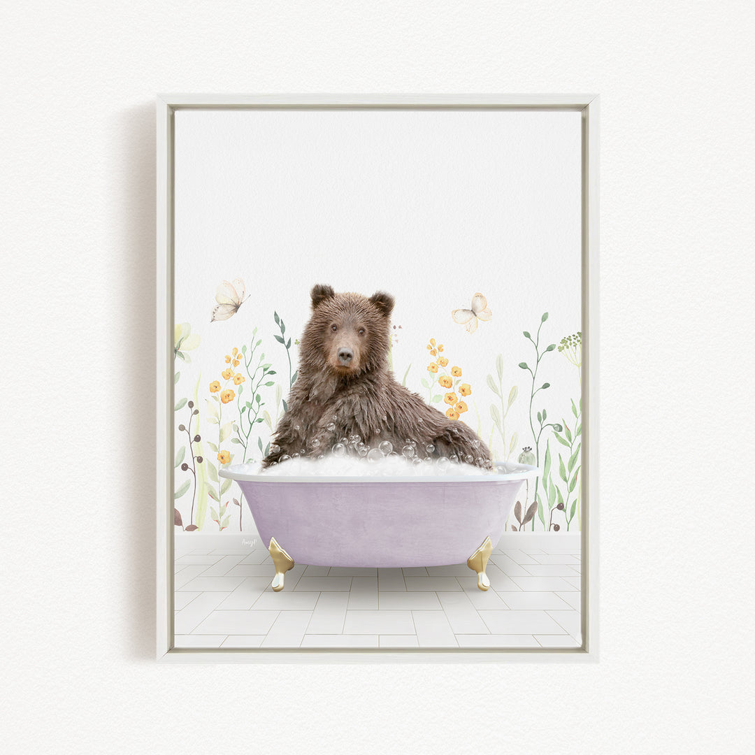 A brown bear sitting in a purple bathtub filled with bubbles, surrounded by flowers and butterflies.