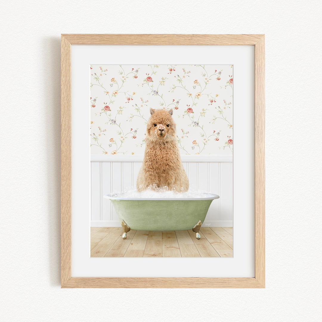 A fluffy brown dog sitting in a green bathtub filled with bubbles, with a floral wallpaper in the background.