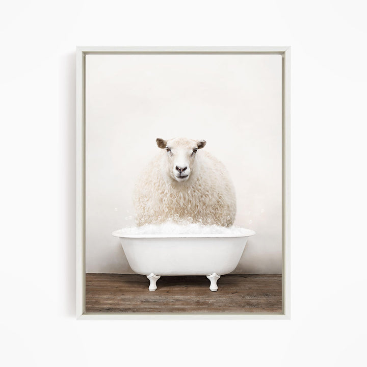 A fluffy white sheep sits in a white bathtub filled with bubbles, looking directly at the camera.